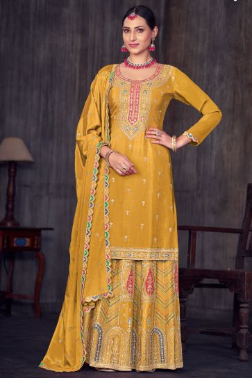 Yellow Color Chinon Fabric Embroidered Function Wear Sharara Top Lehenga