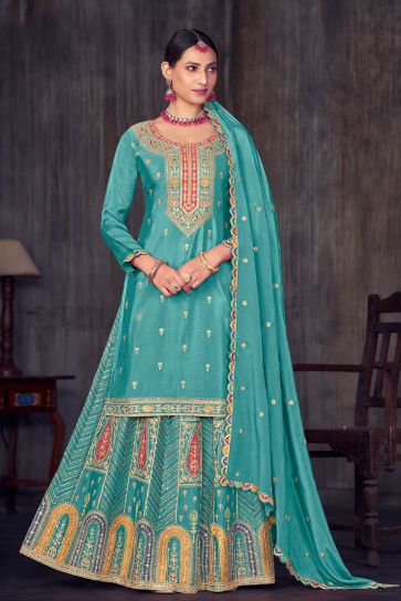 Chinon Fabric Cyan Color Trendy Sharara Top Lehenga With Embroidered Work