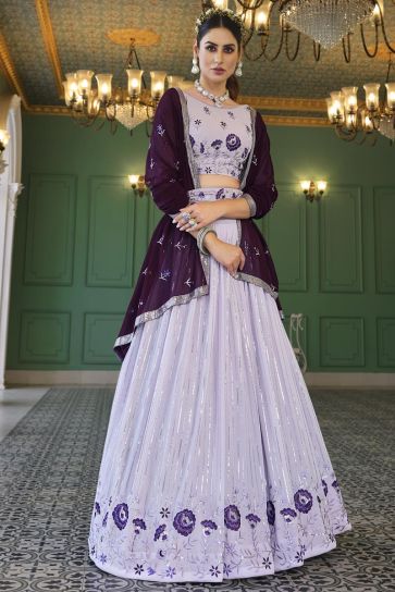 Riveting Sangeet Wear Georgette Lehenga In Lavender Color