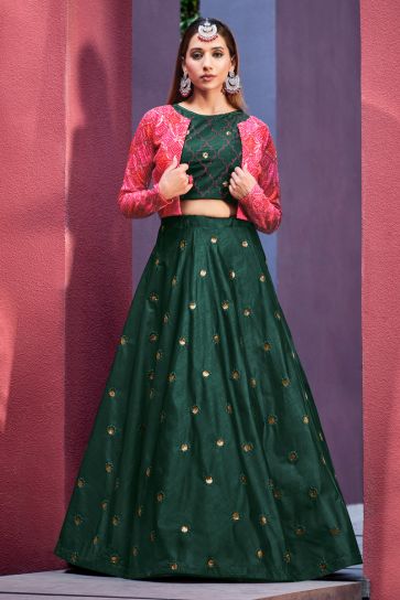 Dark Green Color Imposing Lehenga Choli With Jacket In Art Silk Fabric