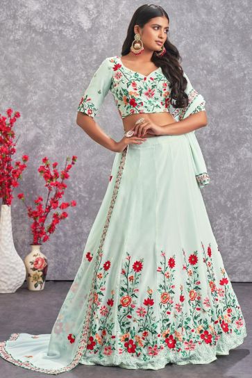 Georgette Fabric Floral Embroidered Wonderful Lehenga In Sea Green Color