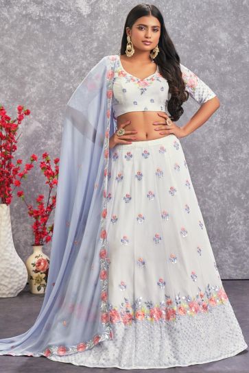 Georgette Fabric Off White Color Floral Embroidered Fantastic Lehenga