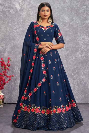 Georgette Fabric Navy Blue Color Floral Embroidered Soothing Lehenga