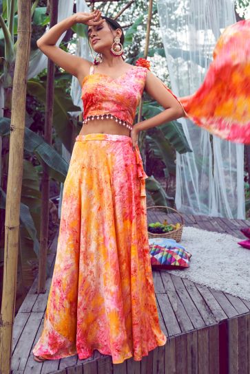 Orange Color Silk Fabric Charming Party Wear Readymade Printed Lehenga 
