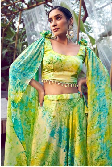 Silk Fabric Green Color Attractive Party Wear Readymade Printed Lehenga 
