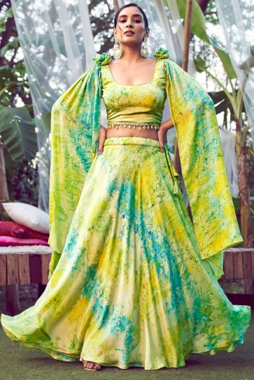 Silk Fabric Green Color Attractive Party Wear Readymade Printed Lehenga 