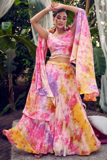 Purple And Pink Color Silk Fabric Beautiful Party Wear Readymade Printed Lehenga 
