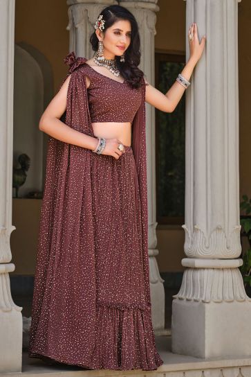 Ready to Shine at Functions Foil Printed Georgette Lehenga In Brown Color