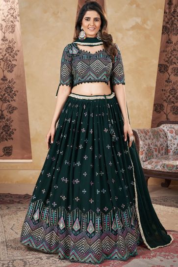 Green Color Exquisite Fancy Work Readymade Lehenga In Georgette Fabric