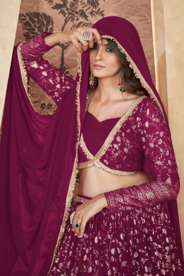 Attractive Georgette Fabric Pink Color Readymade Lehenga With Fancy Work