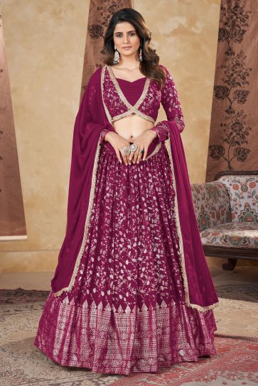 Attractive Georgette Fabric Pink Color Readymade Lehenga With Fancy Work