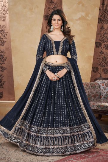 Georgette Fabric Fancy Work On Navy Blue Color Amazing Readymade Lehenga
