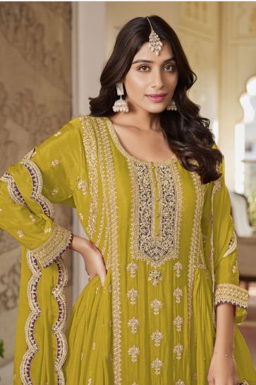 Yellow Color Exquisite Readymade Palazzo Suit In Chinon Fabric