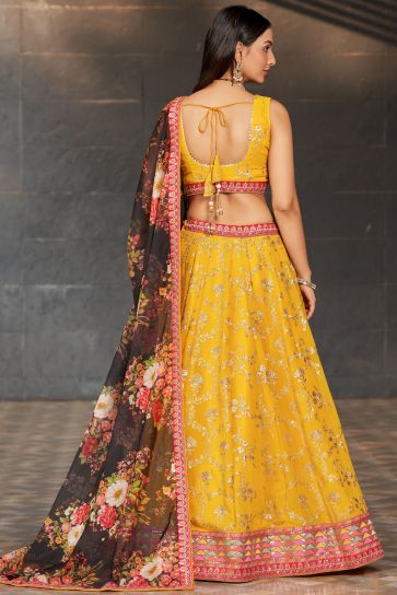 Tempting Georgette Fabric Yellow Color Lehenga With Sequins Work
