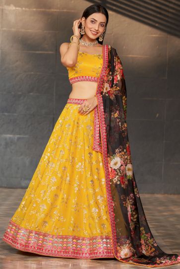 Tempting Georgette Fabric Yellow Color Lehenga With Sequins Work