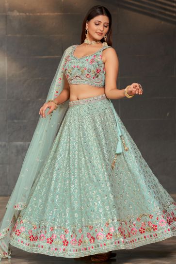 Georgette Fabric Sky Blue Color Delicate Lehenga With Sequins Work