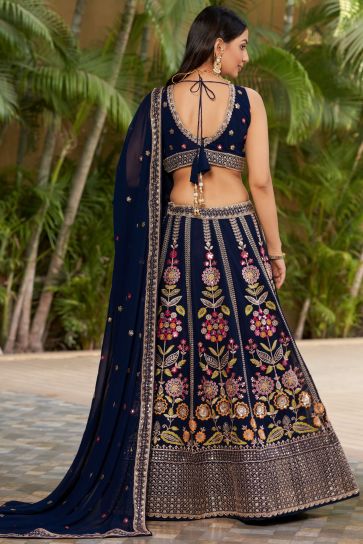 Navy Blue Color Georgette Fabric Sangeet Wear Fashionable Lehenga Choli With Sequins Work