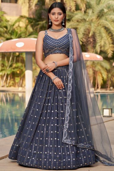 Grey Color Sequins Work On Georgette Fabric Chic Lehenga