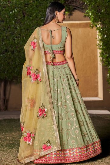 Soothing Sequins Work On Sea Green Color Georgette Fabric Lehenga