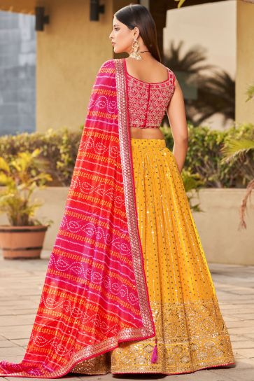 Attractive Sequins Work Georgette Fabric Yellow Color Reception Wear Lehenga Choli