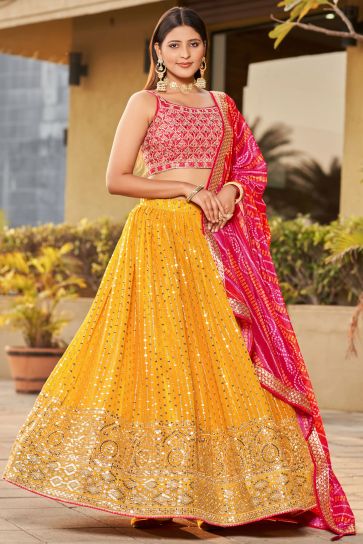 Attractive Sequins Work Georgette Fabric Yellow Color Reception Wear Lehenga Choli