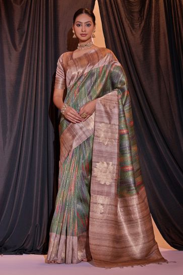 Tussar Silk Weaving Print Saree In Brown Color