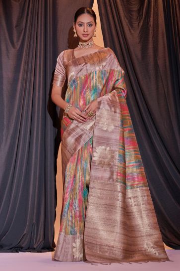 Multi Color Tussar Silk Festive Wear Fancy Weaving Print Saree