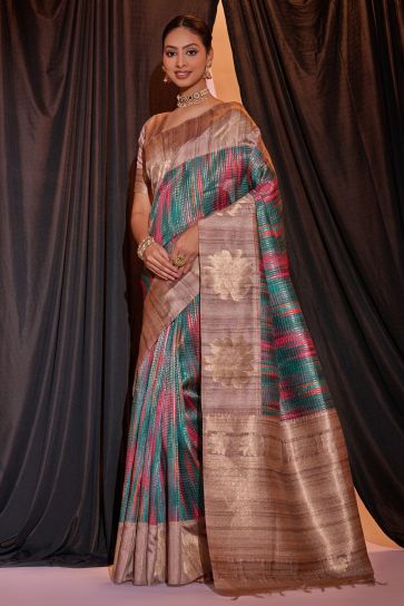 Teal Color Tussar Silk Party Wear Weaving Print Designer Saree