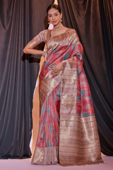 Red Color Tussar Silk Weaving Print Saree