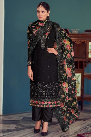 Georgette Embroidered Classic and Chic Black Salwar Suit For Functions