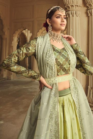 Mehendi Green Color Art Silk Fabric Precious Lehenga With Sequins Work