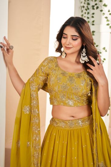 Function Wear Georgette Fabric Mustard Color Magnificent Lehenga