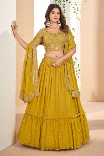Function Wear Georgette Fabric Mustard Color Magnificent Lehenga