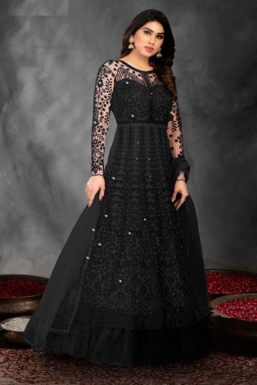 Black Color Party Wear Anarkali Suit With Resham Embroidered Work
