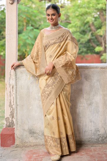 Daily Wear Handloom Art Silk Fabric Woven Border Cream Saree