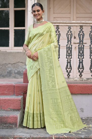 Daily Wear Handloom Art Silk Fabric Green Woven Border Saree