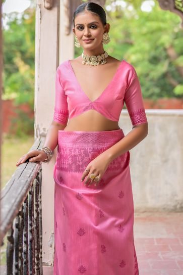 Adorable Pink Color Casual Handloom Art Silk Fabric Woven Border Design Saree
