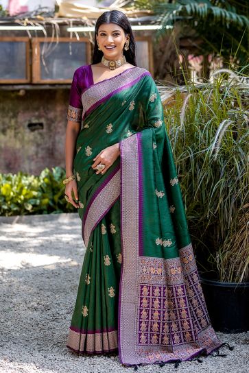 Dark Green Color Function Wear Designer Art Silk Fabric Zari Weaving Border Work Saree