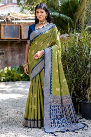 Green Color Art Silk Fabric Zari Weaving Border Work Function Wear Saree