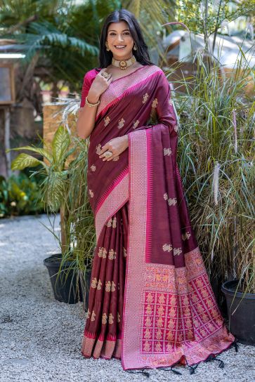 Maroon Color Function Wear Trendy Zari Weaving Border Work Saree In Art Silk Fabric