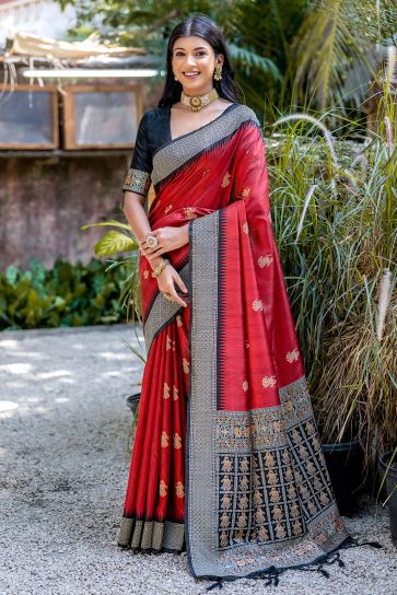 Red Color Art Silk Fabric Zari Weaving Border Work Fancy Saree