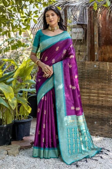Function Wear Purple Color Art Silk Fabric Designer Zari Weaving Border Work Saree