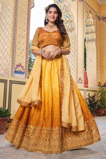 Aesthetic Mustard Color Net Designer Wedding Sangeet Wear Lehenga Choli  -3125144661