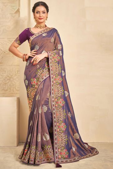 Purple Color Function Wear Designer Art Silk Fabric Embroidered Saree