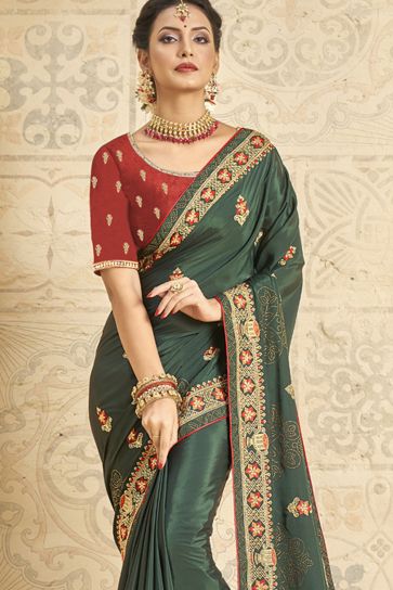 Dark Green Function Wear Crepe Silk Fabric Embroidered Saree