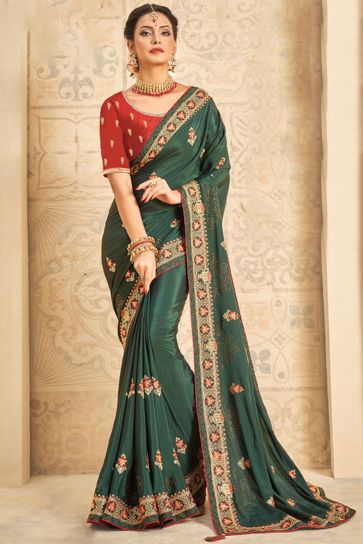 Dark Green Function Wear Crepe Silk Fabric Embroidered Saree