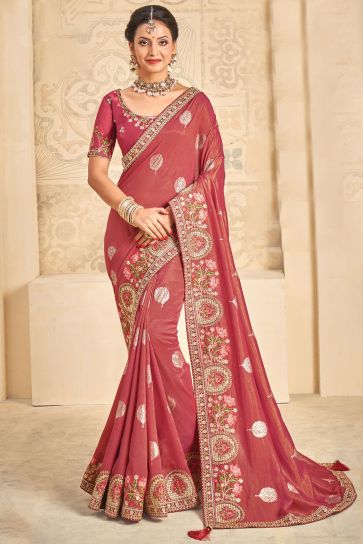 Red Color Art Silk Fabric Embroidered Function Wear Saree