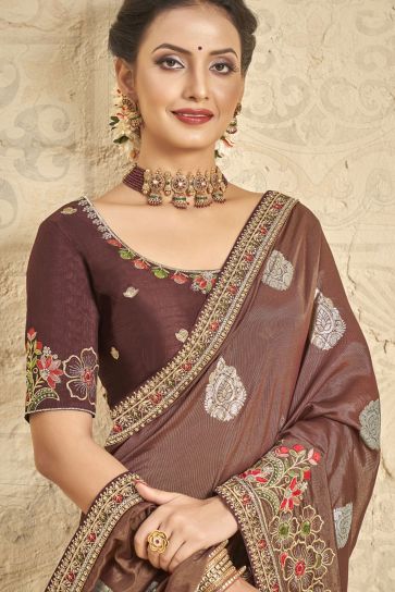 chocolate brown georgette saree with lurex gold stripes and scallop  embroidered border - BOVEEE - 3832885
