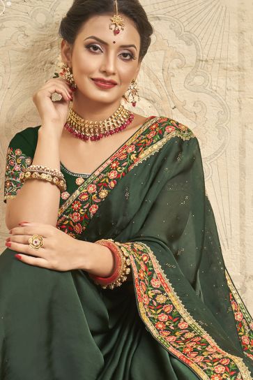 Green Color Satin Silk Fabric Embroidered Fancy Saree