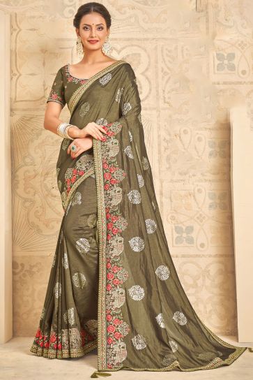 Function Wear Green Color Art Silk Fabric Designer Embroidered Saree